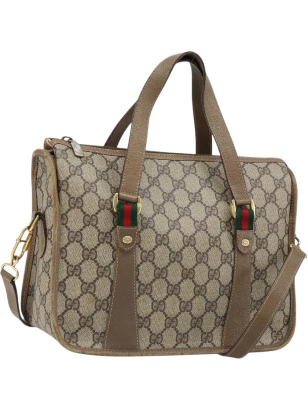 GUCCI GG Supreme Web Sherry Line Bag PVC 2way Beige Gold 41 02 039